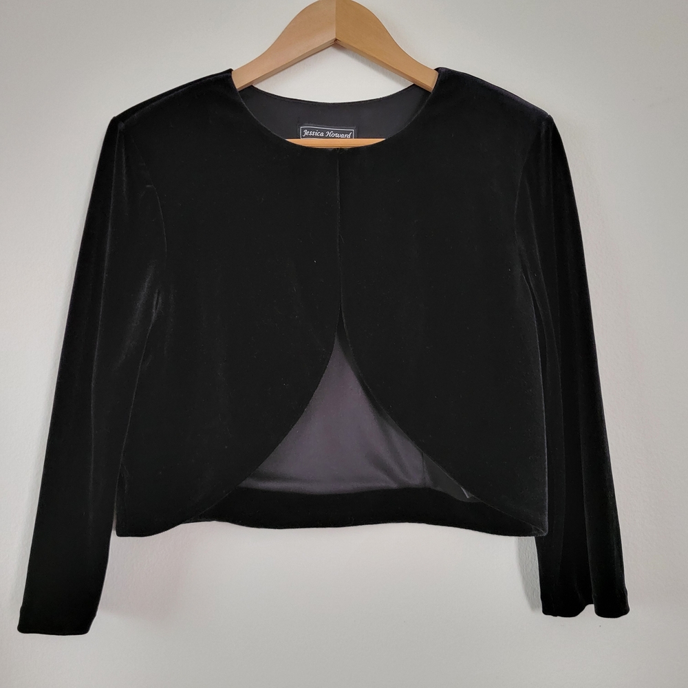 Jessica Howard Velvet 3/4 Sleeves Cropped Cardigan Bolero Shrug Size L